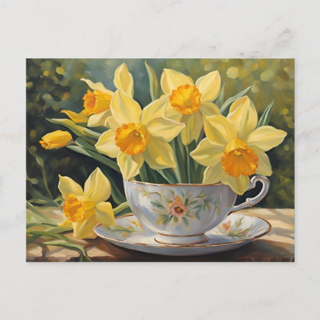 Yellow Daffodil Flowers in Vintage Tea Cup  Postcard (Front)