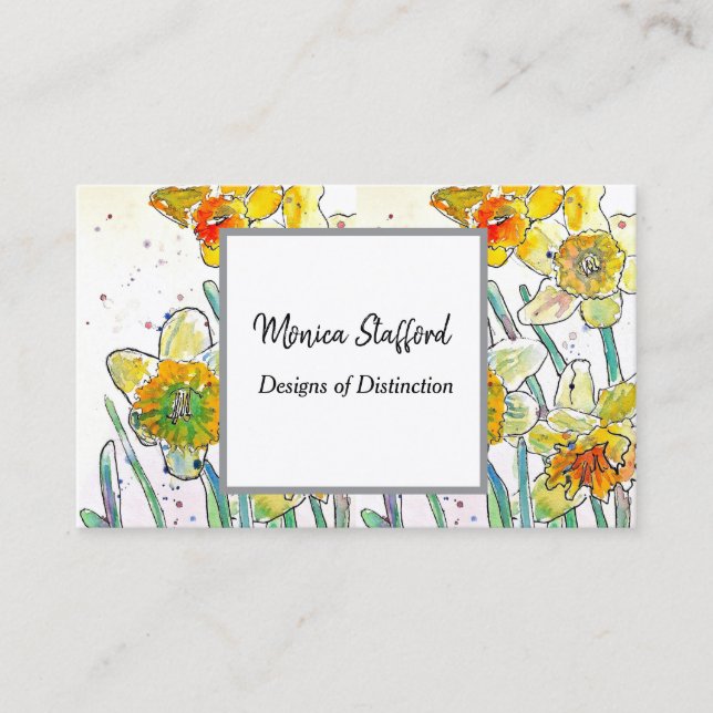 Yellow Daffodil Flowers Watercolor Business Card (Front)