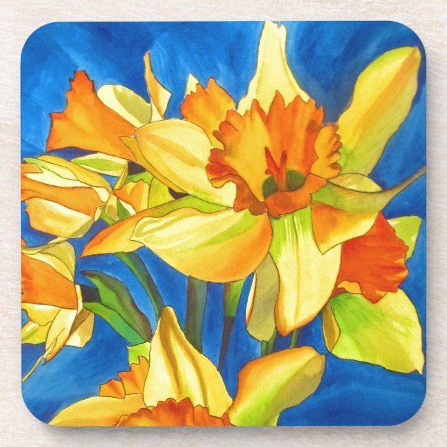 Yellow daffodil narcissus watercolour painting coaster (Front)