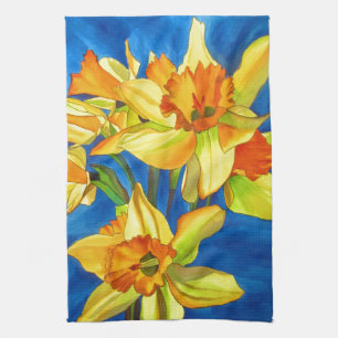 Yellow daffodil narcissus watercolour painting tea towel