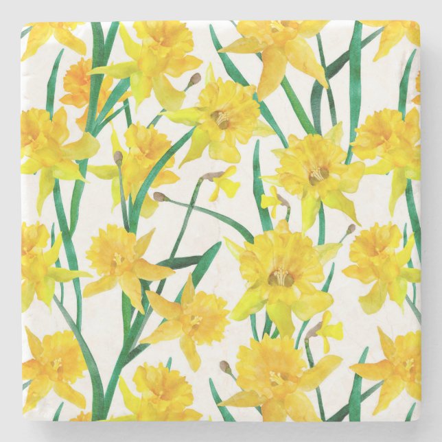 Yellow Daffodil Pattern Stone Coaster (Front)