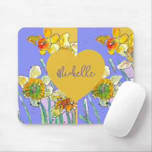 Yellow Daffodil Purple floral Womans Mouse Mat Pad