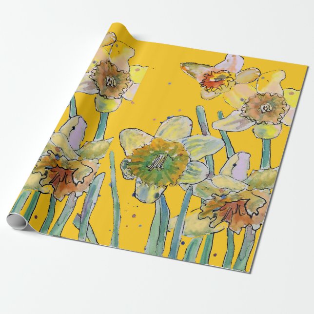 Yellow Daffodil Spring flowers Watercolor Wrapping Paper (Unrolled)