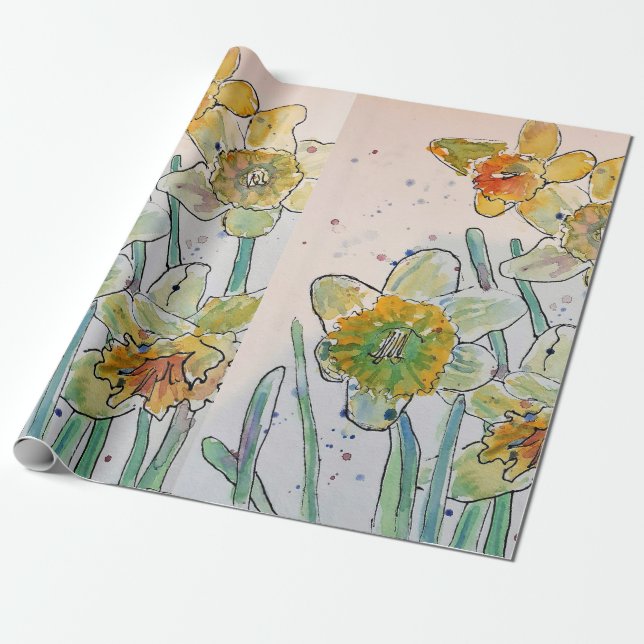 Yellow Daffodil Spring flowers Watercolor Wrapping Wrapping Paper (Unrolled)