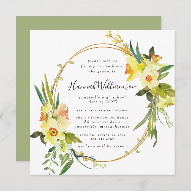 Yellow Daffodil Square Graduation Invitation (Front/Back)