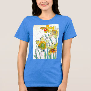 Yellow Daffodil watercolour art Girls T Shirt blue