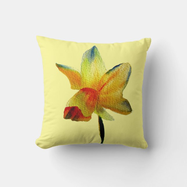 Yellow Daffodil watercolour Spring flower art Cushion (Front)
