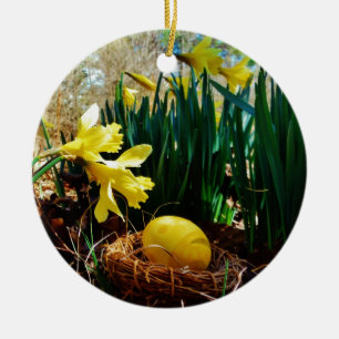 Yellow Daffodils and a Yellow Easter egg Ceramic Tree Decoration