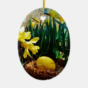 Yellow Daffodils and a Yellow Easter egg Ceramic Tree Decoration