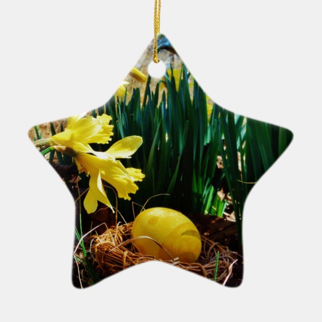 Yellow Daffodils and a Yellow Easter egg Ceramic Tree Decoration (Front)
