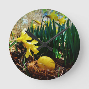 Yellow Daffodils and a Yellow Easter egg Round Clock