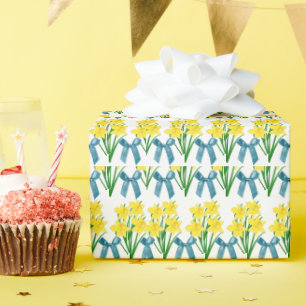 Yellow Daffodils and Blue Bows / Floral Craft or Wrapping Paper