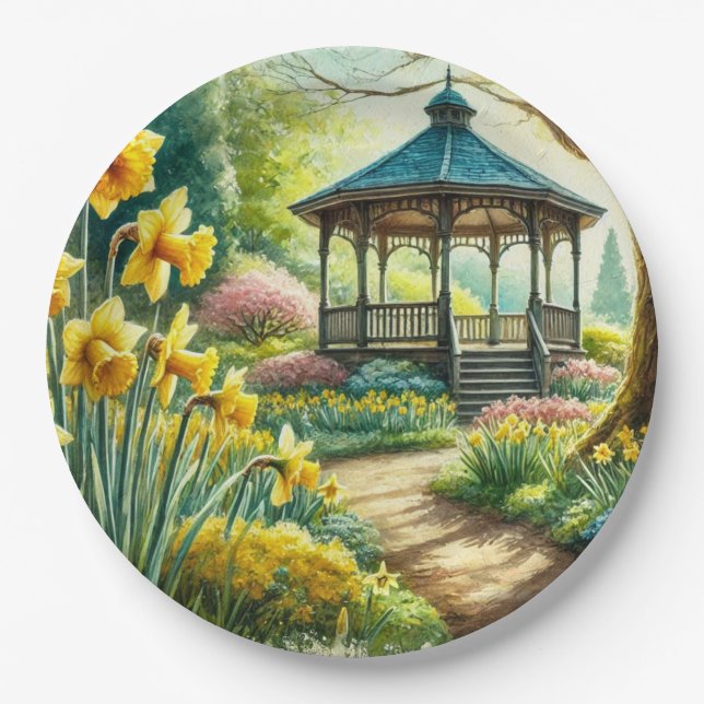 Yellow Daffodils and Gazebo Paper Plate (Front)