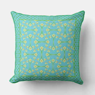 Yellow Daffodils and Polka Dots on Turquoise Blue Cushion