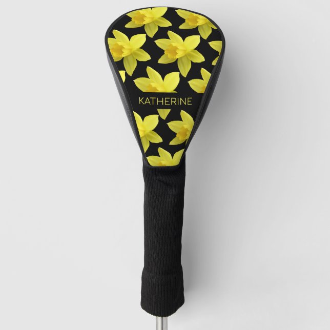 Yellow Daffodils Custom Name Black Golf Head Cover (Front)