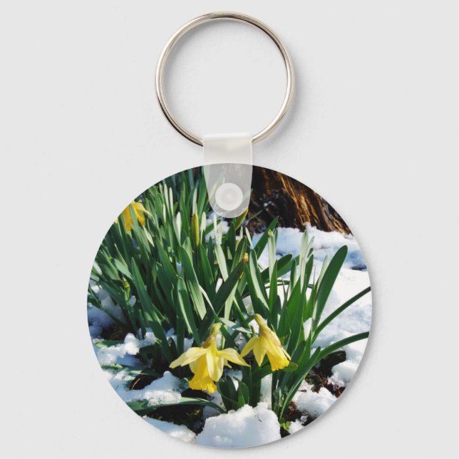 Yellow Daffodils flowers in the snow Key Ring (Front)