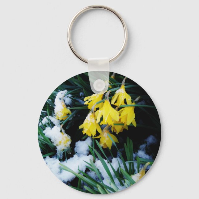 Yellow Daffodils flowers in the snow Key Ring (Front)