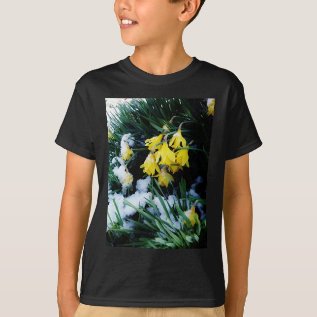 Yellow Daffodils flowers in the snow T-Shirt (Front)