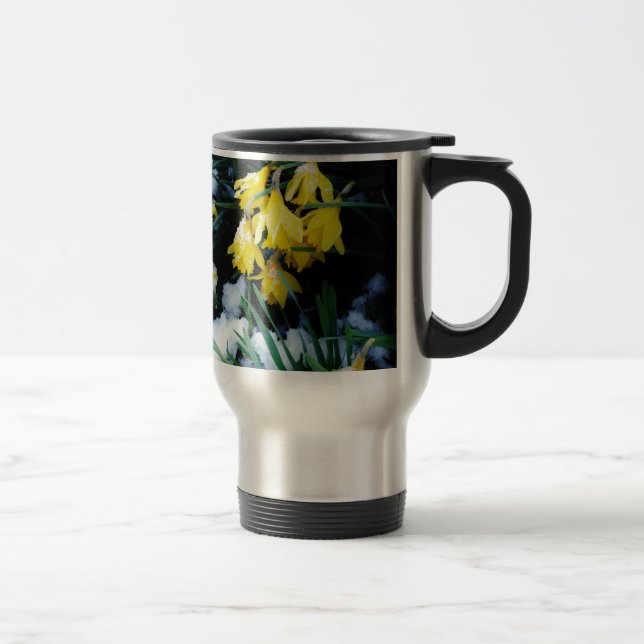 Yellow Daffodils flowers in the snow Travel Mug (Right)