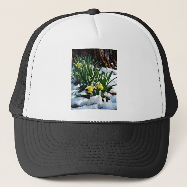 Yellow Daffodils flowers in the snow Trucker Hat (Front)