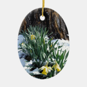 Yellow Daffodils in the snow Ceramic Ornament