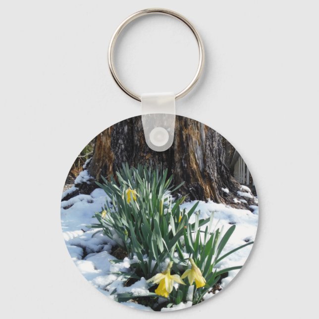 Yellow Daffodils in the snow Key Ring (Front)