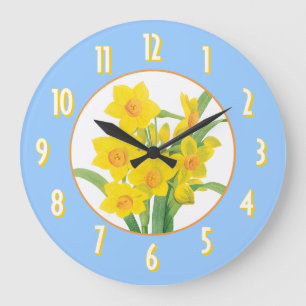Yellow Daffodils on Blue Floral Wall Clock