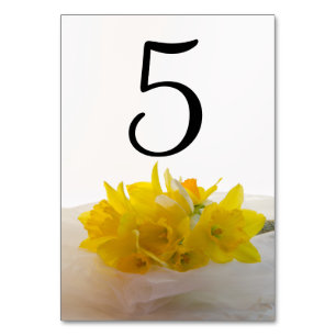 Yellow Daffodils on White Wedding Table Numbers