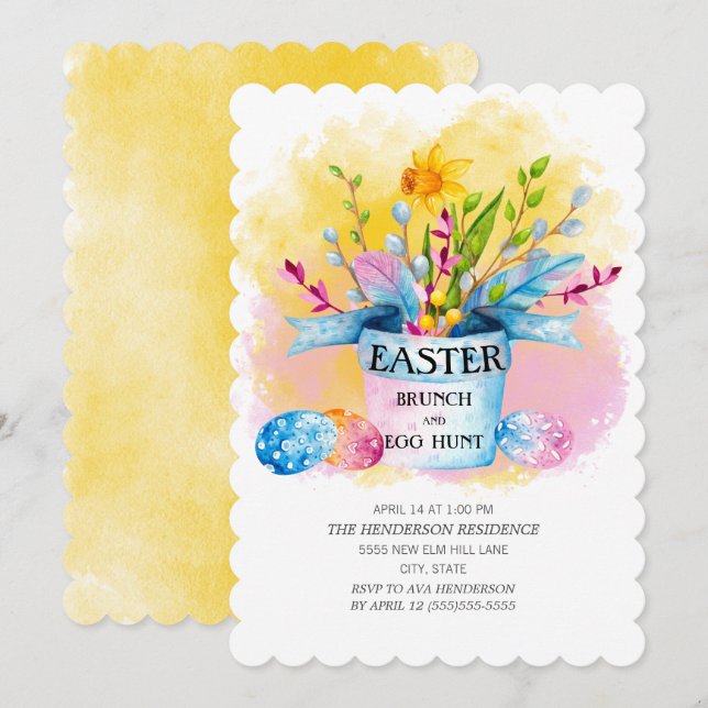 Yellow Daffodils Pink Easter Brunch Egg Hunt Invitation (Front/Back)