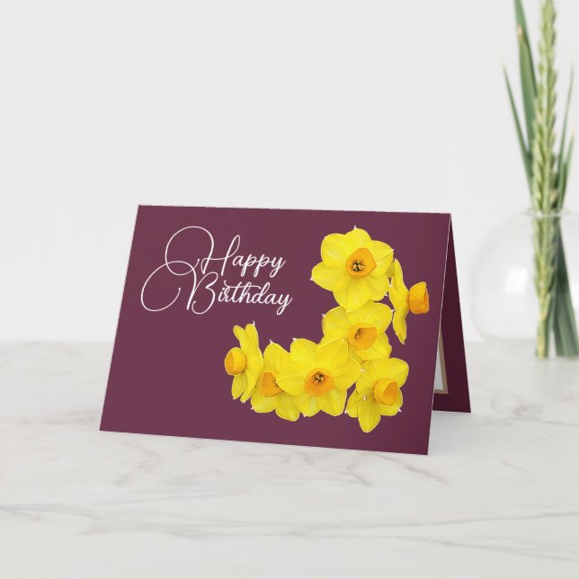 Yellow Daffodils Plum Background Birthday Card (Front)