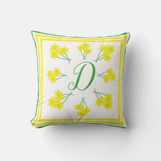 Yellow Daffodils Spring Flowers Bunch Initial Cushion (Front)