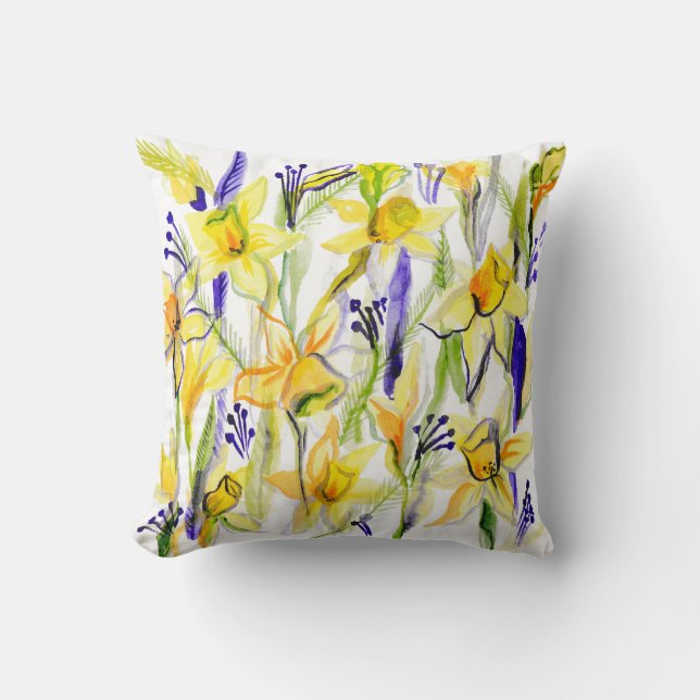 Yellow Daffodils Watercolor Illustration Cushion (Front)