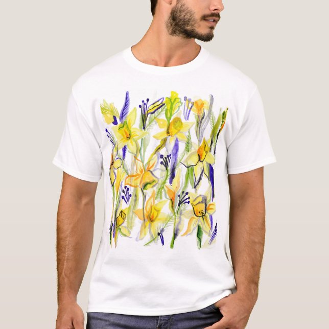 Yellow Daffodils Watercolor Illustration T-Shirt (Front)