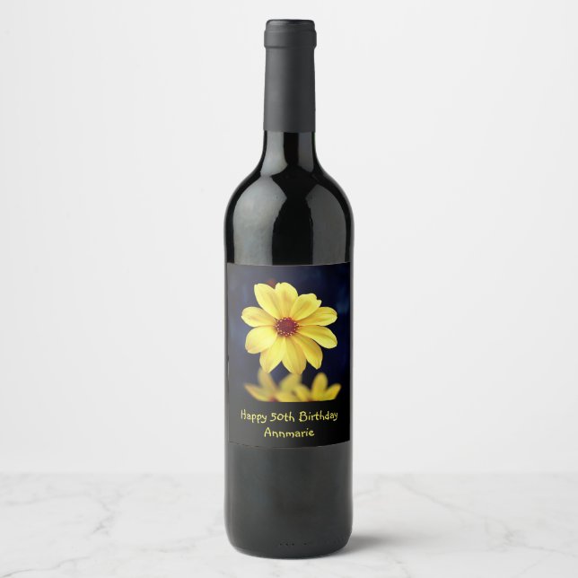 Yellow Dahlia Elegant Flower Fun 50th Birthday Wine Label (Front)