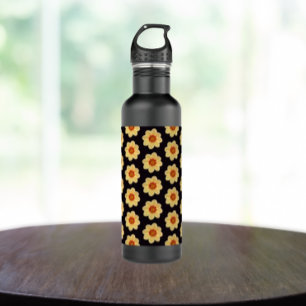 Yellow Dahlia Floral Pattern on Black 710 Ml Water Bottle