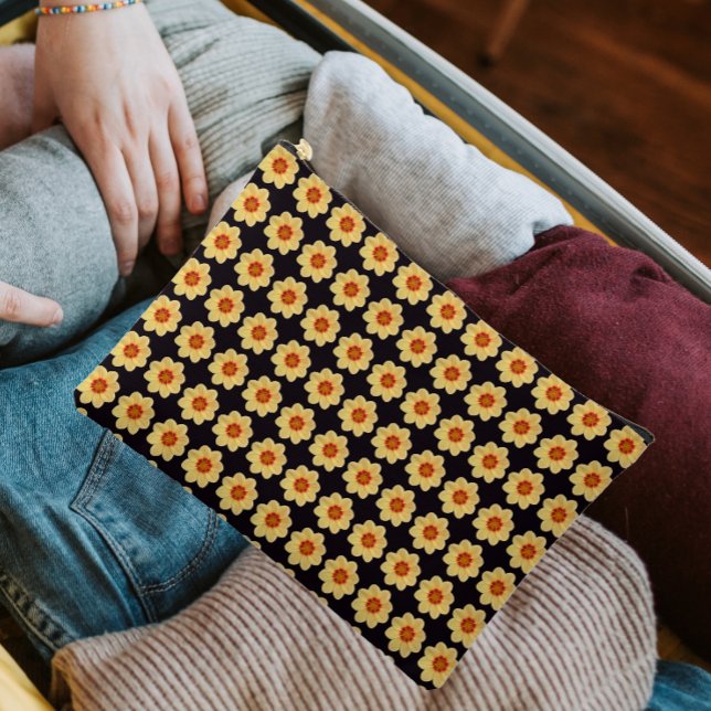 Yellow Dahlia Floral Pattern on Black Accessory Pouch (In Situ)