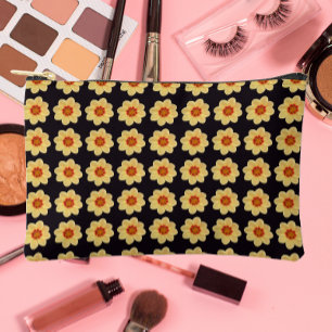 Yellow Dahlia Floral Pattern on Black Accessory Pouch