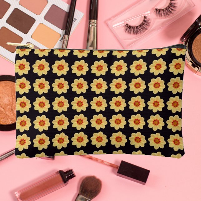 Yellow Dahlia Floral Pattern on Black Accessory Pouch (In Situ)