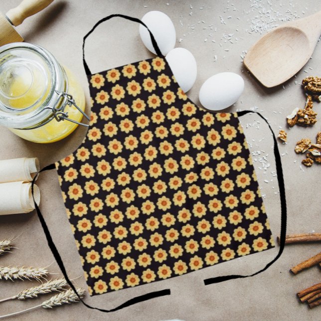 Yellow Dahlia Floral Pattern on Black Apron (In Situ Kitchen)