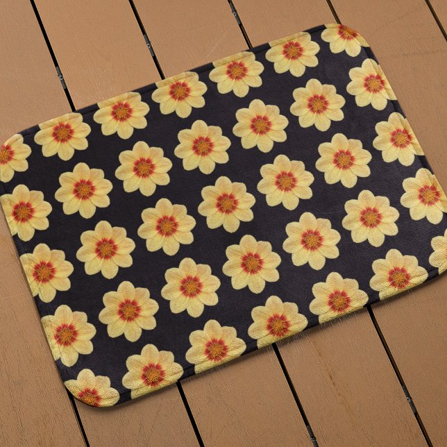Yellow Dahlia Floral Pattern on Black Bath Mat (In Situ)
