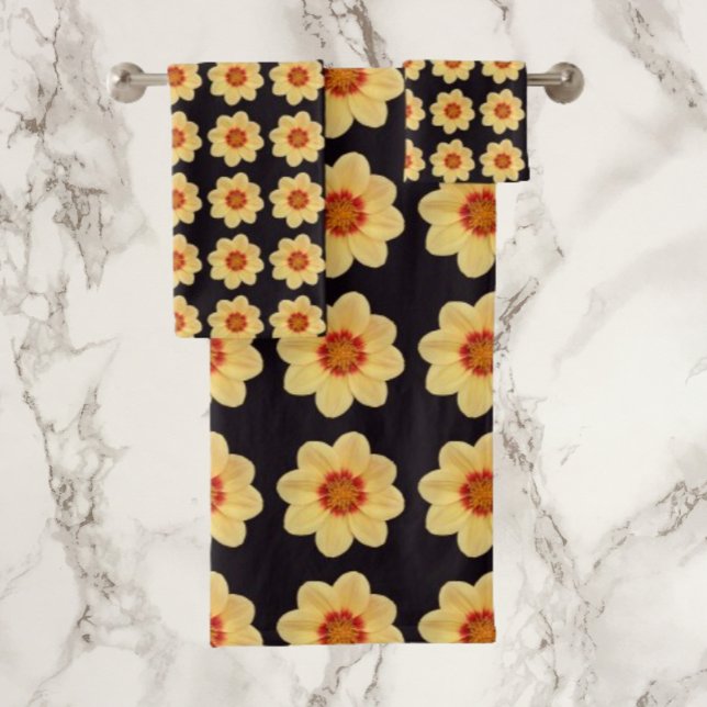 Yellow Dahlia Floral Pattern on Black Bath Towel Set (In Situ)