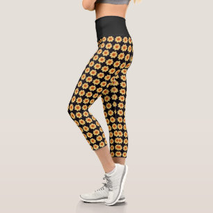 Yellow Dahlia Floral Pattern on Black Capri Leggings