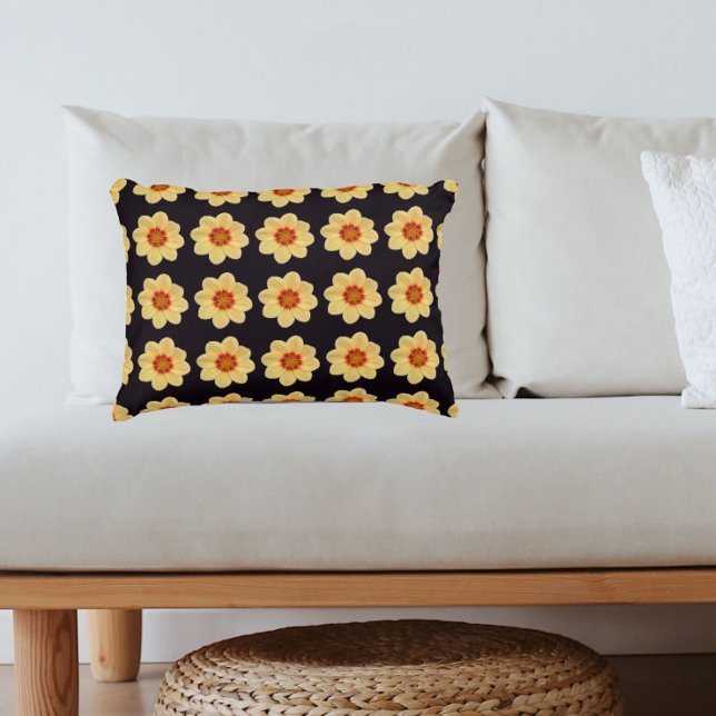 Yellow Dahlia Floral Pattern on Black Decorative Cushion (In Situ)