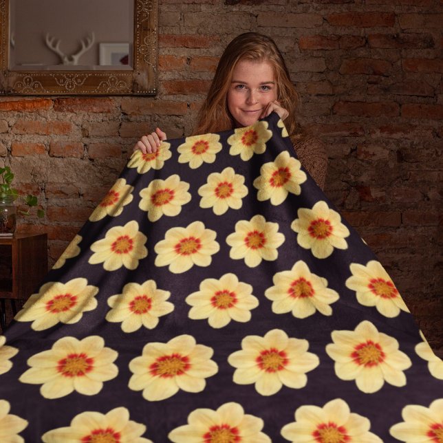 Yellow Dahlia Floral Pattern on Black Fleece Blanket (In Situ Front)
