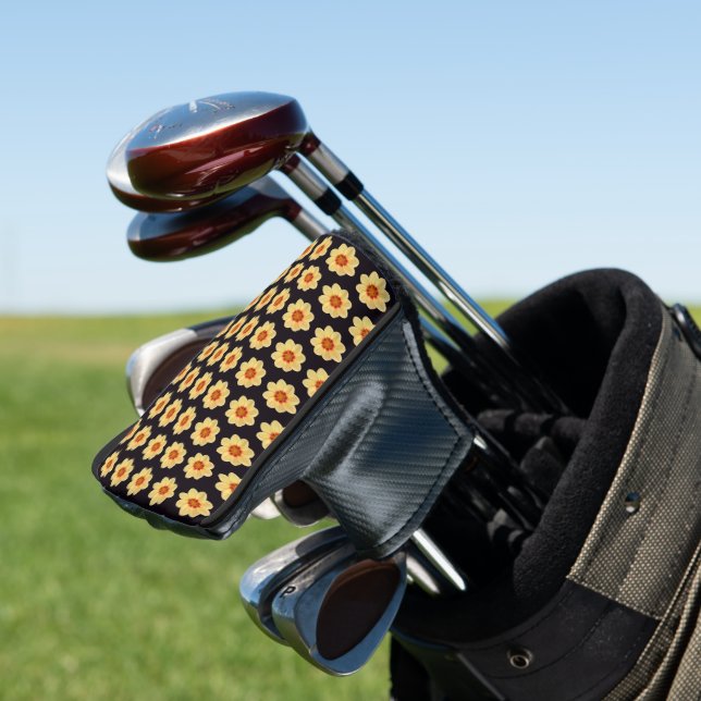 Yellow Dahlia Floral Pattern on Black Golf Head Cover (In Situ)