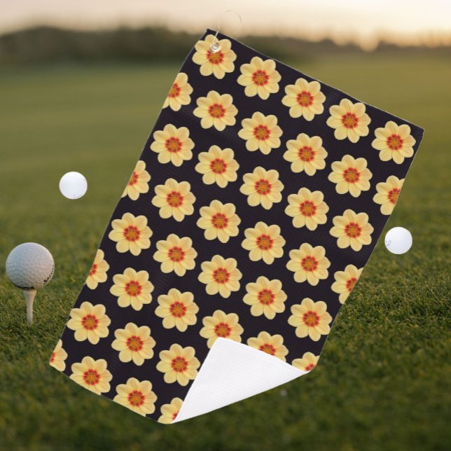 Yellow Dahlia Floral Pattern on Black Golf Towel (In Situ Golf)
