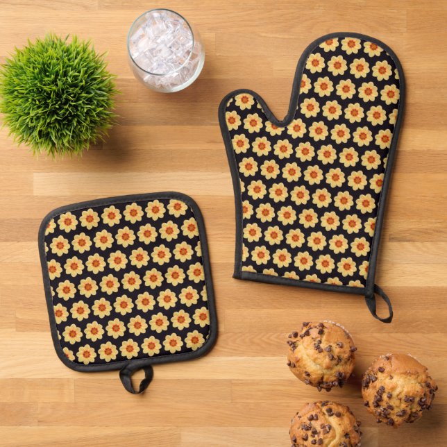 Yellow Dahlia Floral Pattern on Black Oven Mitt & Pot Holder Set (Top Down)