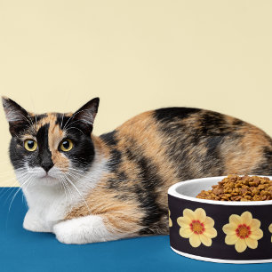 Yellow Dahlia Floral Pattern on Black Pet Bowl