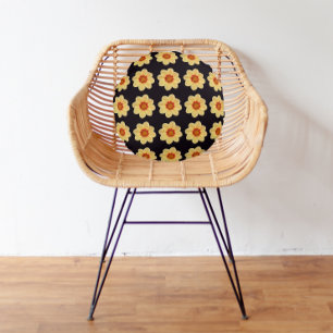Yellow Dahlia Floral Pattern on Black Round Cushion