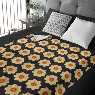 Yellow Dahlia Floral Pattern on Black Sherpa Blanket
